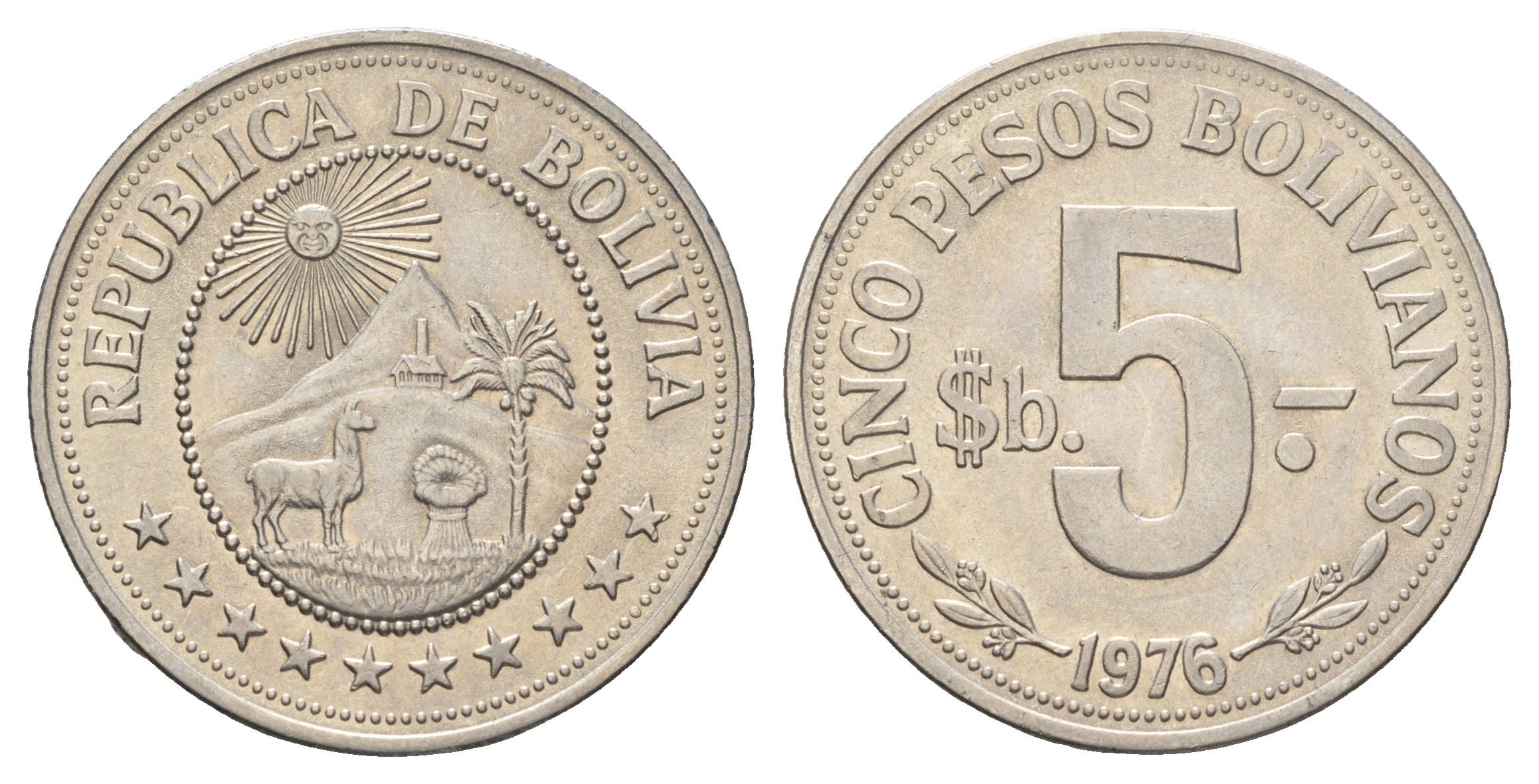 Боливия 5 песо 1976 KM 197 сталь плакированная никелем 4662-531
