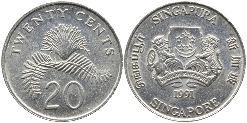 Сингапур 20 центов 1991 KM 52 медно-никель 4391-345