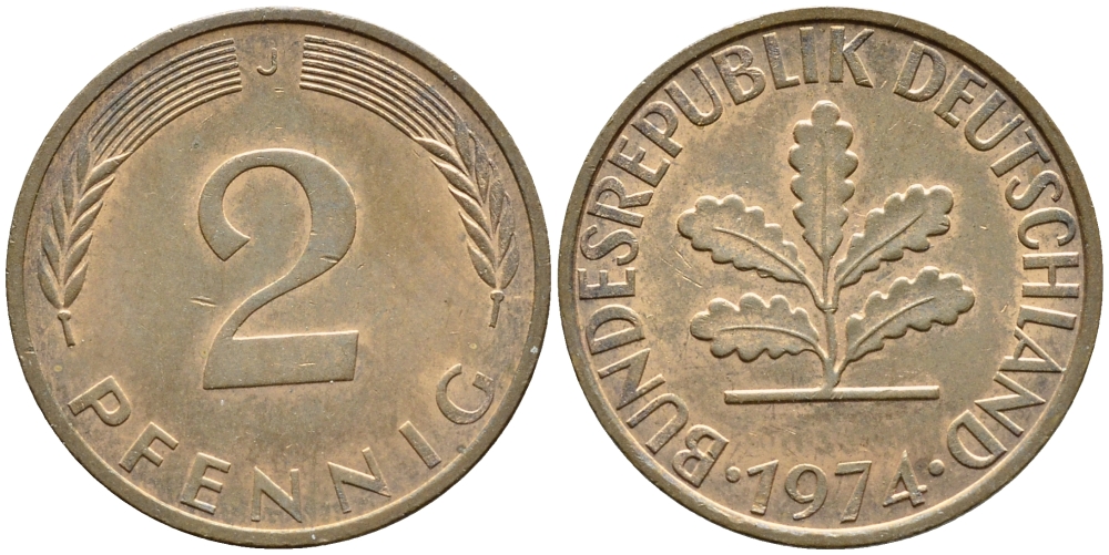 ФРГ 2 ПФЕННИГА 1974 J KM 106a, J.381a сталь плакированная сталь плакированная медьюю 4392-1039