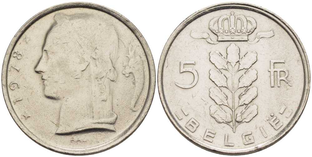 БЕЛЬГИЯ 5 ФРАНКОВ 1978 BELGIE, БОДУЭН I (1951-1993) KM 135.1 медно-никель 202-1225