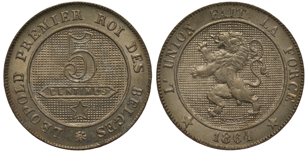 БЕЛЬГИЯ 5 САНТИМОВ 1864 BELGES KM 21 медно-никель UNC 02-264-67