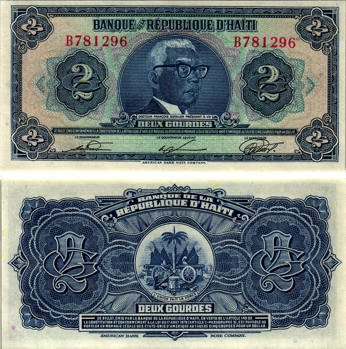 Гаити 2 гурда 1979 серия В, президент Франсуа Дювалье Pick 231  бумага  UNC (пресс) 2195-32-3-2