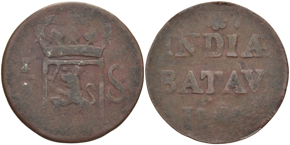 БАТАВСКАЯ ИНДИЯ 1/2 ШТЮВЕРА 1823 KM 284.2 медь 38-215