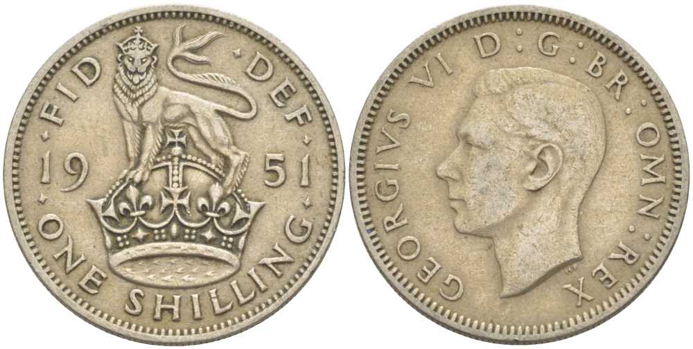 Великобритания 1 шиллинг 1951 Георг VI (1936-1952), Английский герб KM 876, Spink 4108 медно-никель 212-955