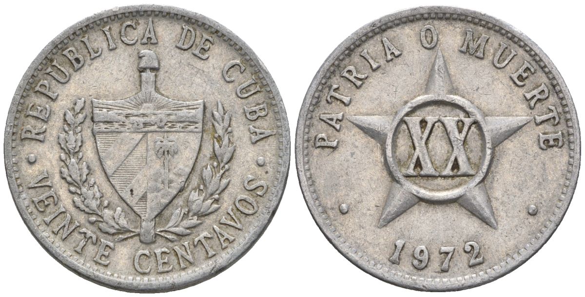 Куба 20 сентаво 1972 KM 35.1, JMA 64, Schoen 33 алюминий 4114-452