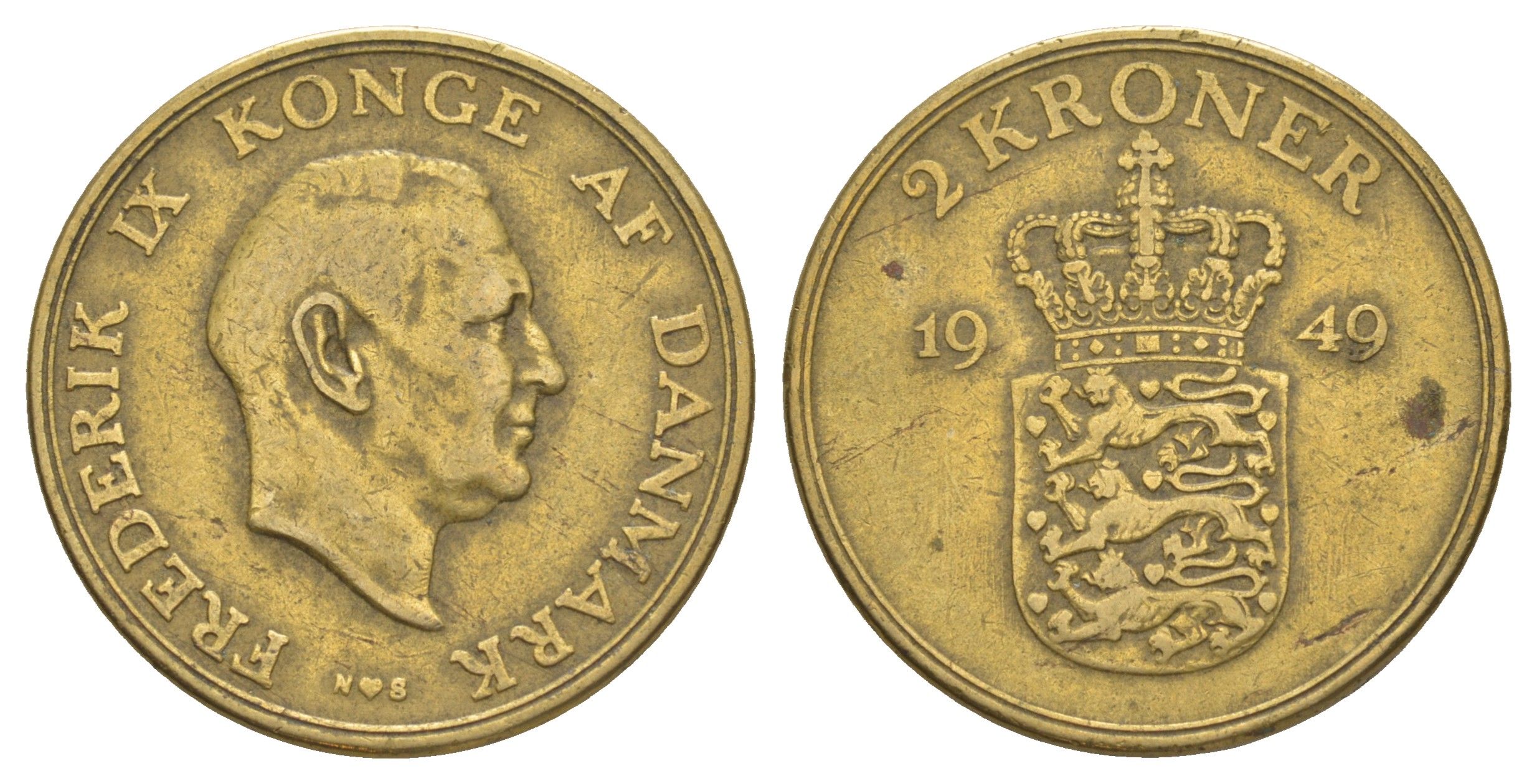 Дания 2 кроны 1949 N, Фредерик IX (1947-1972) KM 838 алюминиевая бронза 4634-525