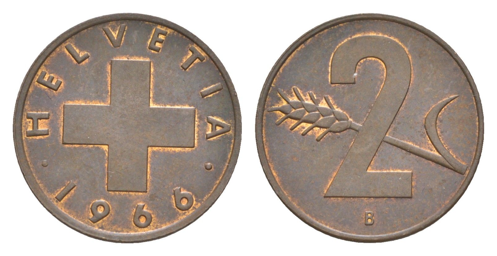 Швейцария 2 раппена 1966 B KM 47 бронза 4630-843