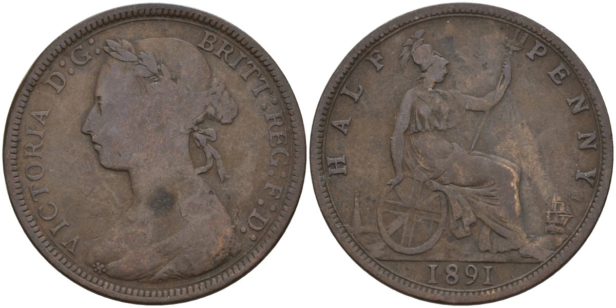 Великобритания 1/2 пенни 1891 Виктория (1837-1901) KM 754, Spink 3956 бронза 4143-1257