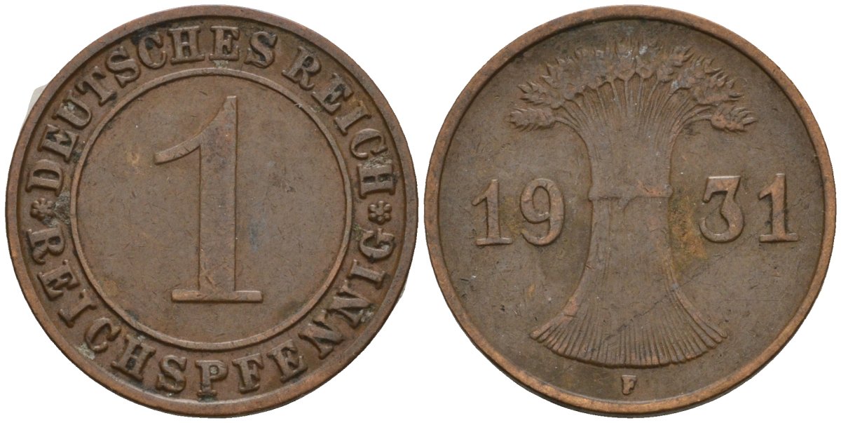 Германия 1 рейхспфенниг 1931 F KM 37, J. 313 бронза 4124-623