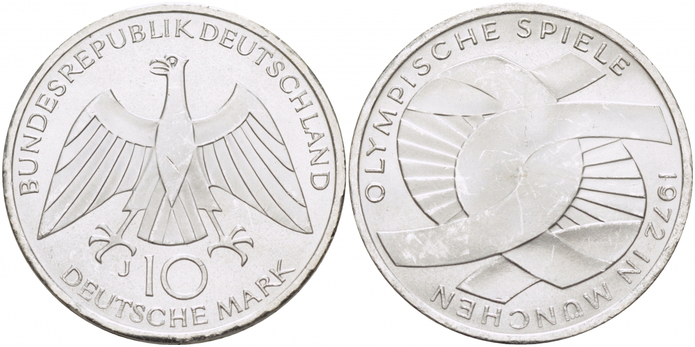 ФРГ 10 марок 1972 J, XX летние Олимпийские игры 1972 года в Мюнхене, символика KM 131, J.402 серебро UNC 4127-121