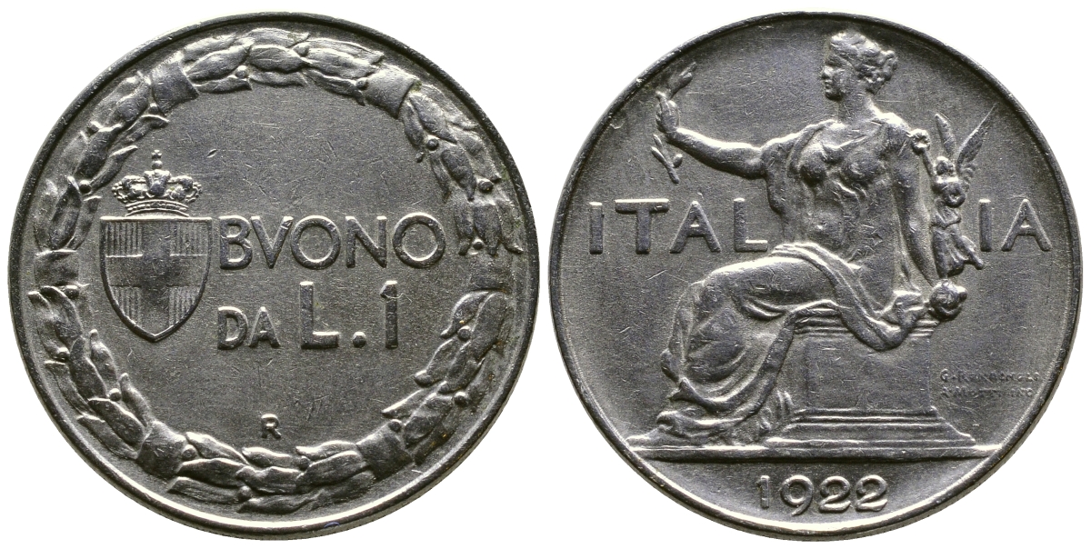 ИТАЛИЯ 1 ЛИРА 1922 R, ВИКТОРИО ИМАНУИЛ III (1900-1946) KM 62 никель 4384-945