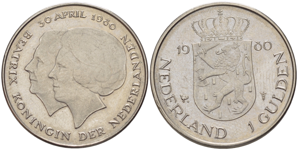 Нидерланды 1 гульден 1980 на коронацию Беатрикс, 30 апреля 1980 KM 200 никель 31-845