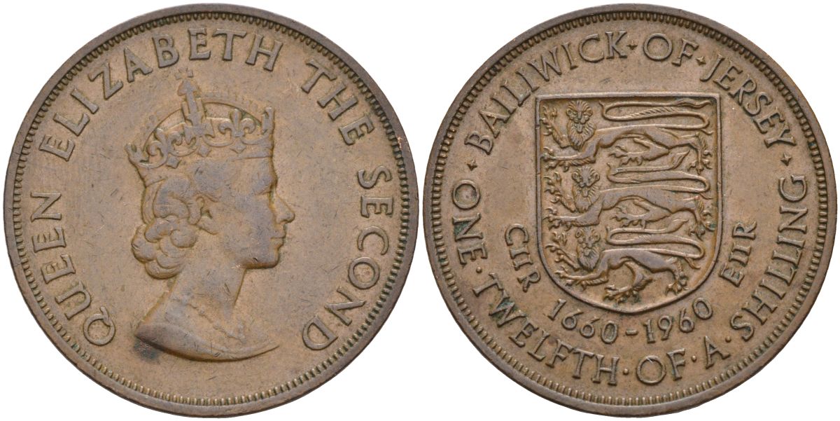 Джерси 1/12 шиллинга 1960 Елизавета II (1952-2022), 300 лет вступления на престол короля Карла II KM 23 бронза 4368-514