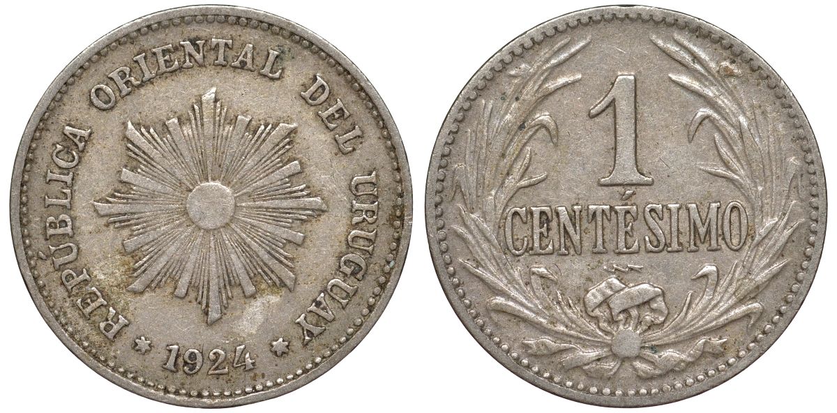 Уругвай 1 сентесимо 1924 KM 19 медно-никель 188-1157