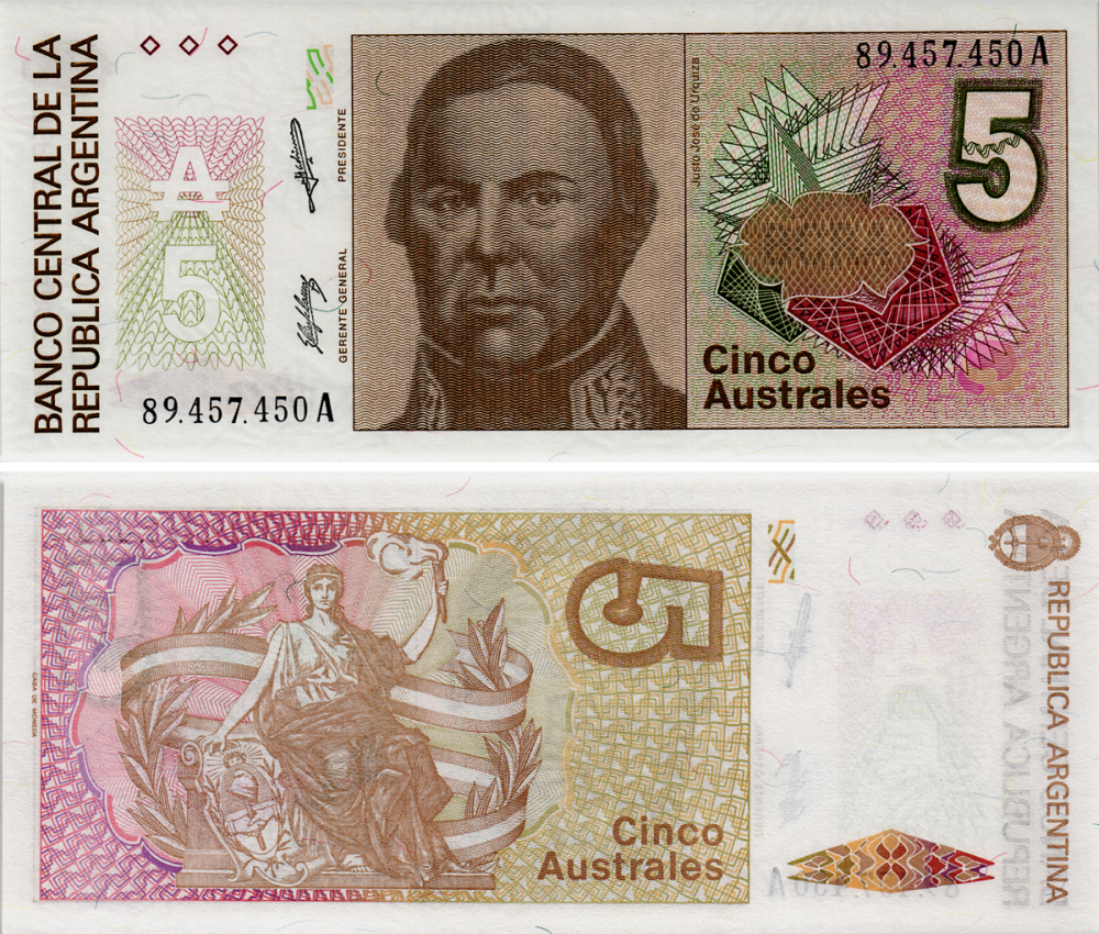 АРГЕНТИНА 5 АУСТРАЛЕЙ 1989 СЕРИЯ А 89457, ХОСЕ де УРКИСА, ПРЕЗИДЕНТ АРГЕНТИНСКОЙ КОНФЕДЕРАЦИИ (1856-1860) Pick 324b бумага UNC (ПРЕСС) 6293-1-4-1