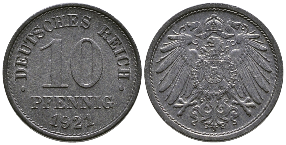 ГЕРМАНИЯ 10 ПФЕННИГОВ 1921 KM 26, J. 299 цинк 4380-225