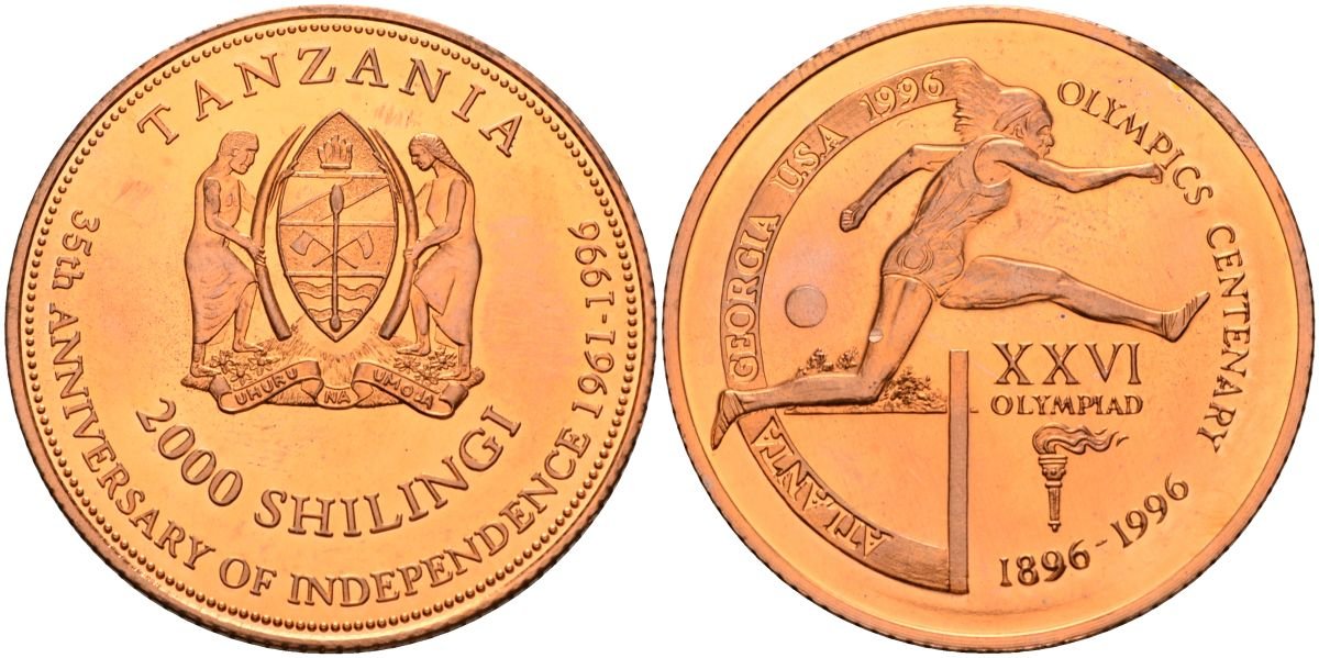 Танзания 2000 шиллингов 1996 XXVI Олимпийские игры 1996 года в Атланте, 100 лет Олимпейскому движению, бег с барьером, пробник, рубчатный гурт медь PROOF 04-323-22