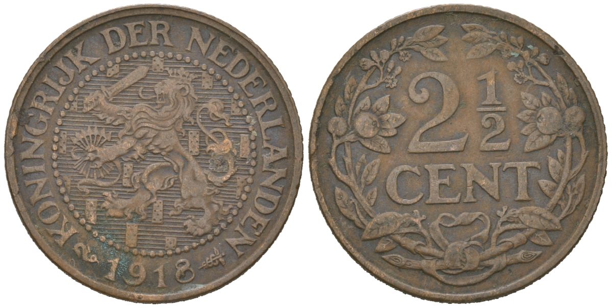Нидерланды 2 1/2 цента 1918 Вильгельмина (1890-1948) KM 150 бронза 4582-1224