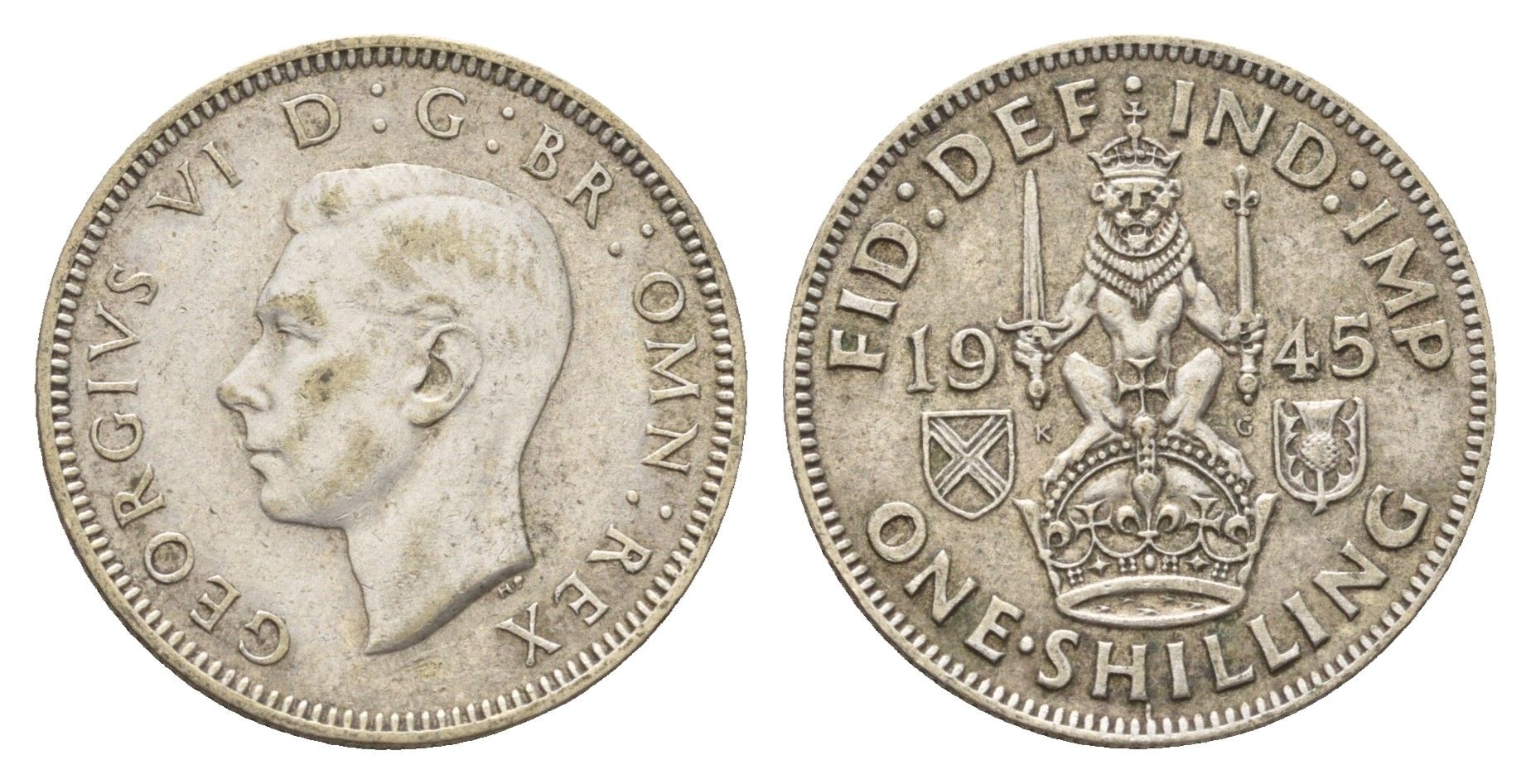 Великобритания 1 шиллинг 1945 Георг VI (1936-1952), Шотландский герб KM 854, Spink 4083 серебро 4118-113
