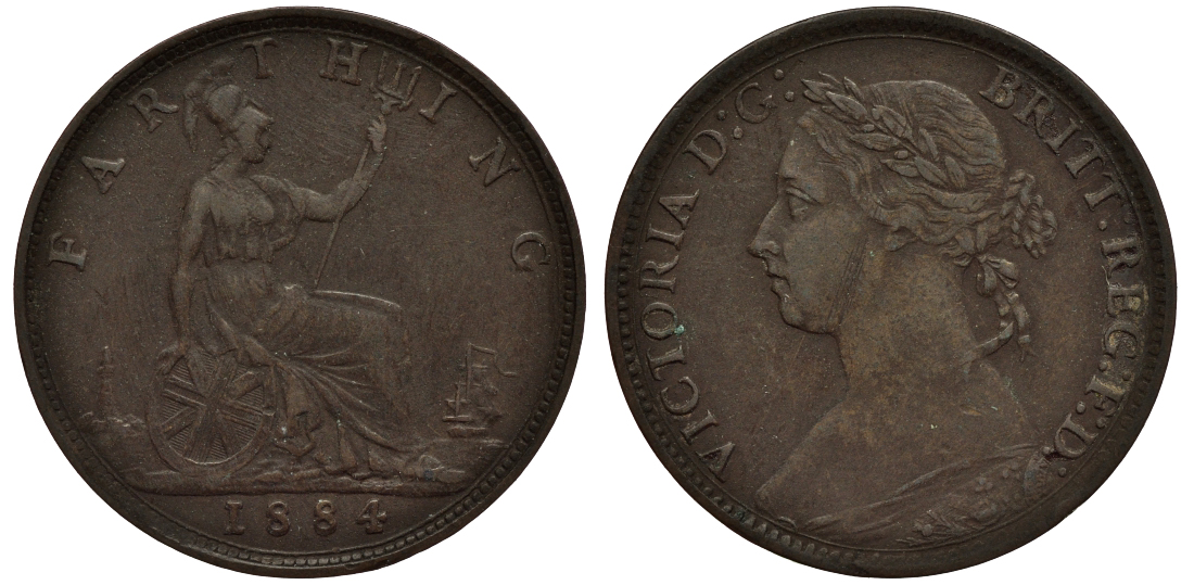 Великобритания 1 фартинг 1884 Виктория (1837-1901) KM 753, Spink 3958 бронза 4114-736