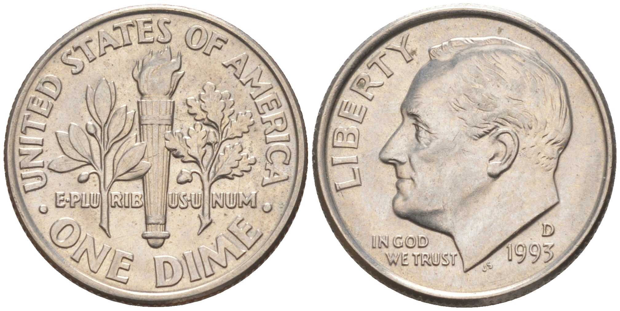 США 10 ЦЕНТОВ = 1 ДАЙМ 1993 D, РУЗВЕЛЬТ KM 195a медь плакированная медно-никелем 187-1068