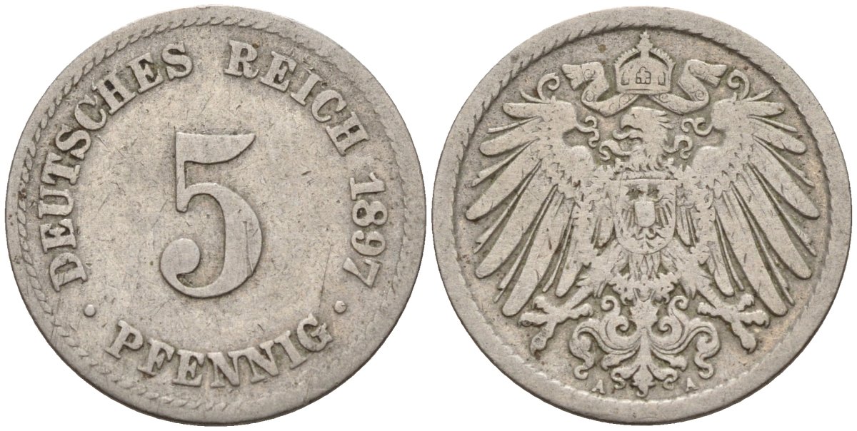 Германия 5 пфеннигов 1897 A KM 11, J. 12 медно-никель 4151-414