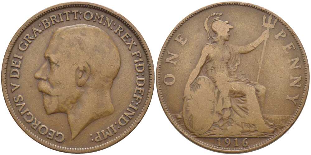 Великобритания 1 пенни 1916 Георг V (1910-1936) KM 810, Spink 4051 бронза 111-1236