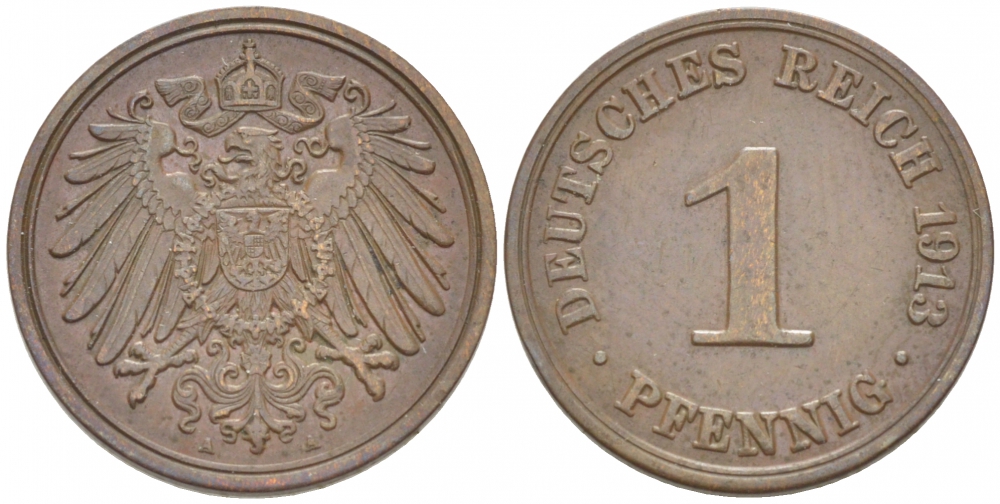 ГЕРМАНИЯ 1 ПФЕННИГ 1913 A KM 10 J. 10 медь 3955-466