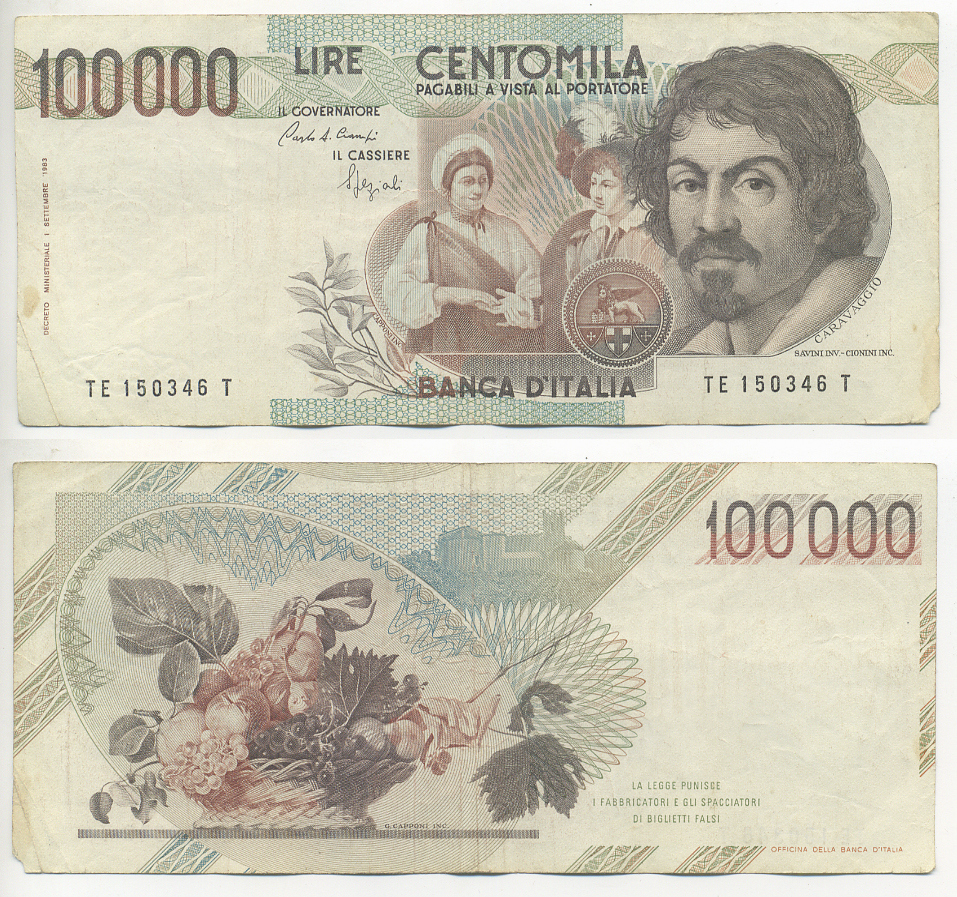 Италия 100000 лир 1983 Караваджо, фруктовый букет, подпись Speziali Pick 110b бумага 7220-20-2