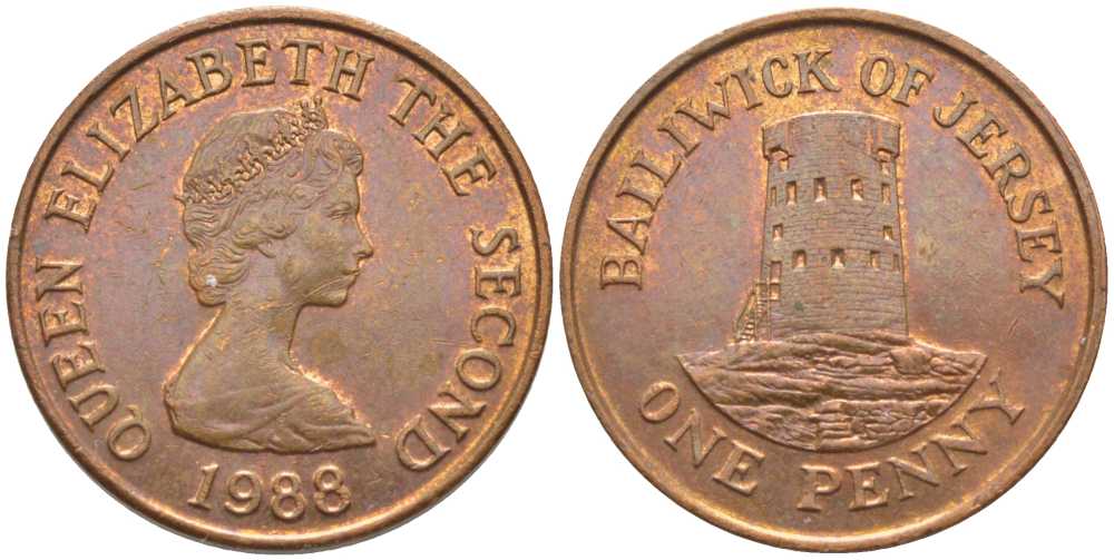Джерси 1 пенни 1988 Елизавета II (1952-2022), башня Святого Клемента KM 54 бронза 117-146