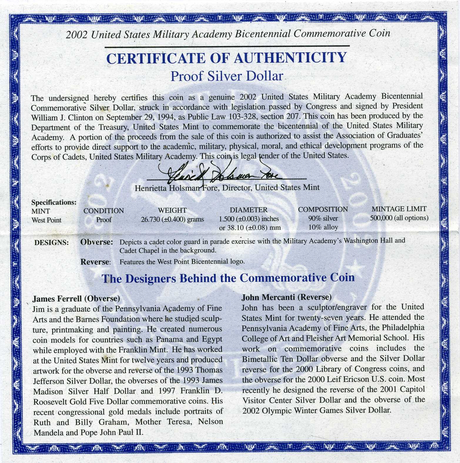 США 1 доллар 2002 W, 200 лет военной академии в Вест Поинте, в оригинальной коробке, сертификат KM 338 серебро PROOF 00-00