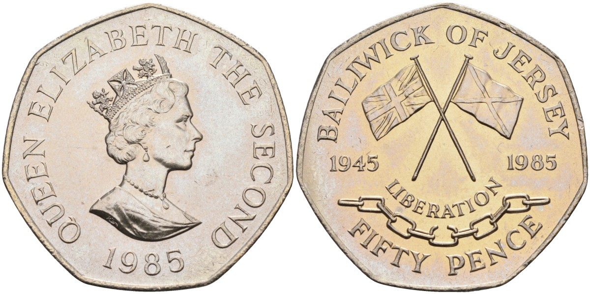 Джерси 50 пенсов 1985 40 лет освобождения KM 63 медно-никель UNC 4583-545