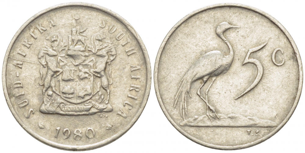 ЮАР 5 центов 1980 герб, райский журавль KM 84 никель 105-1029