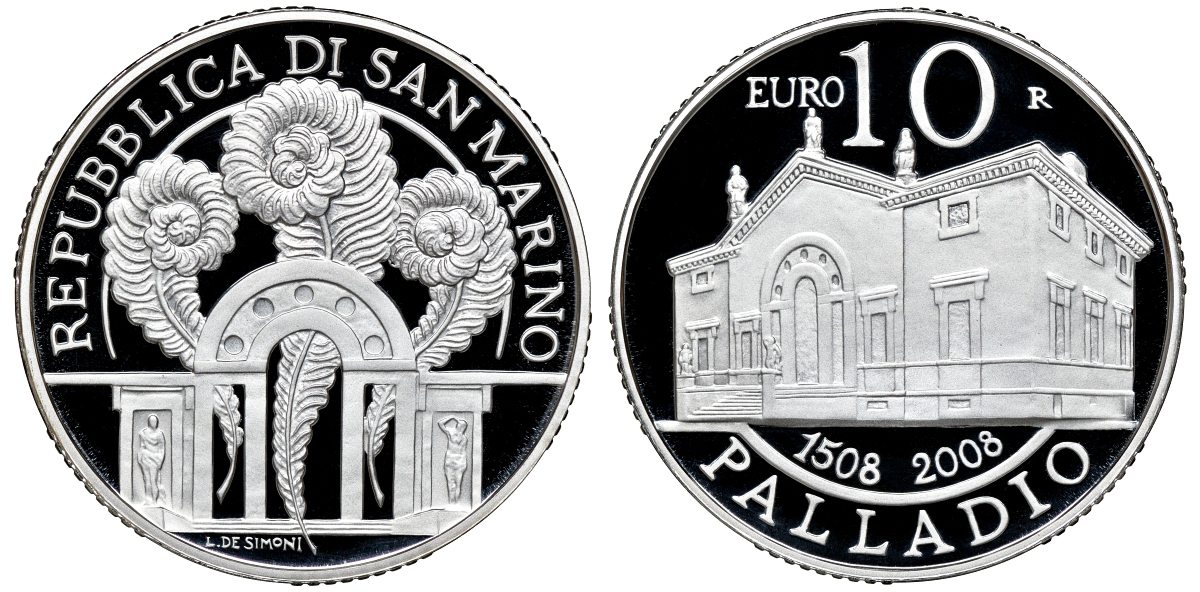 Сан-Марино 10 евро 2008 500 лет Андреа Палладио, в оригинальной коробке, сертификат KM 514 серебро PROOF 2-5-2-9