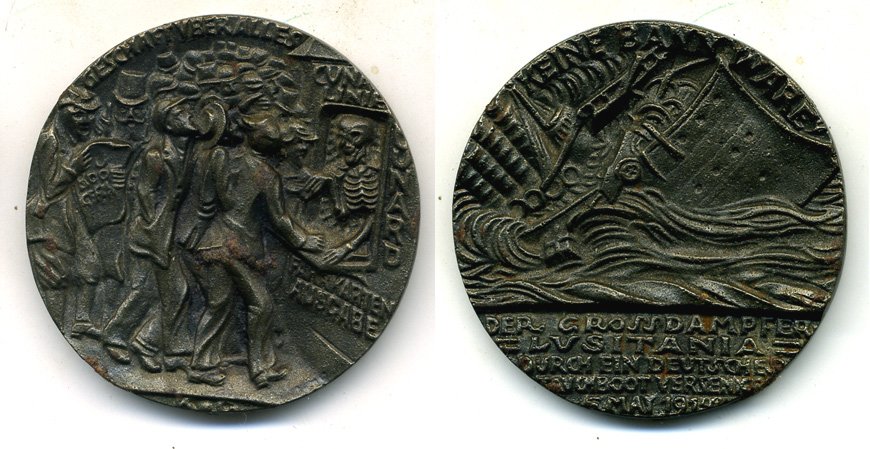 Германия медаль 1915 гибель Лузитании. Пассажиры покупают билеты у смерти. Карл Гетц. 55 мм Kienast 156 железо UNC 1072-6-12