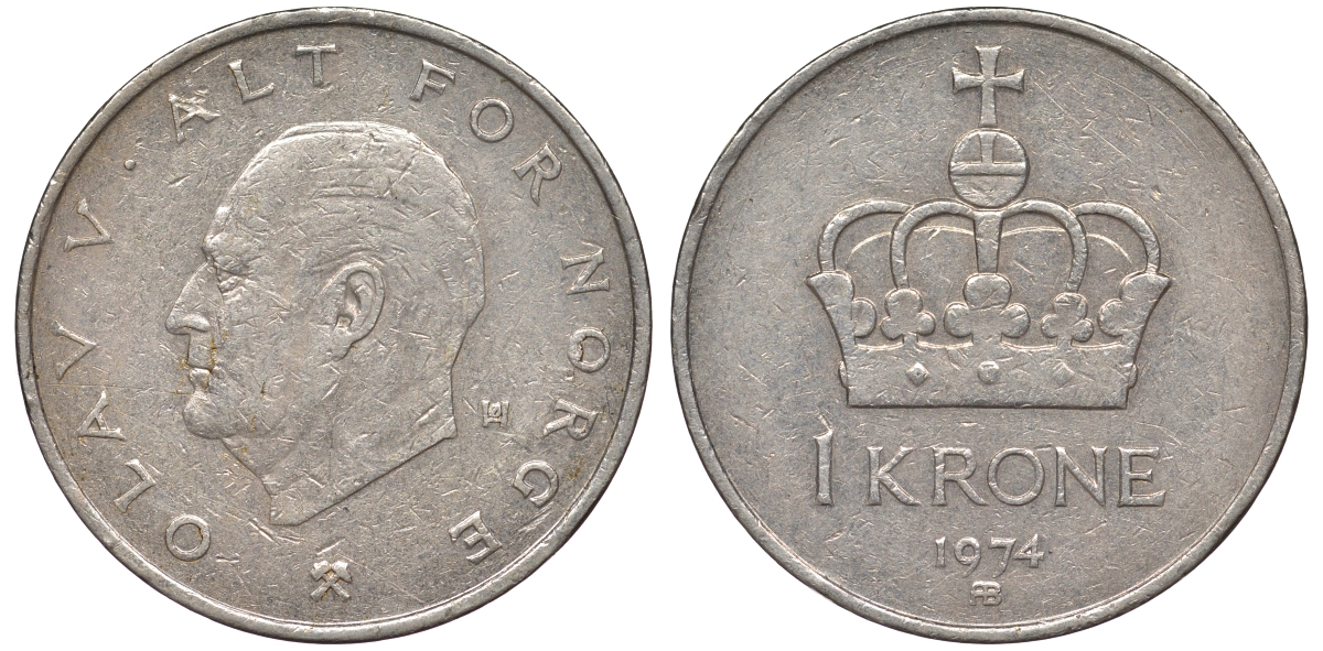 Норвегия 1 крона 1974 Олаф V KM 419 медно-никель 25-2151