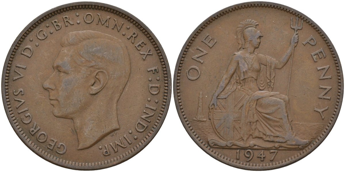 Великобритания 1 пенни 1947 Георг VI (1936-1952) KM 845, Spink 4114 бронза 4144-922