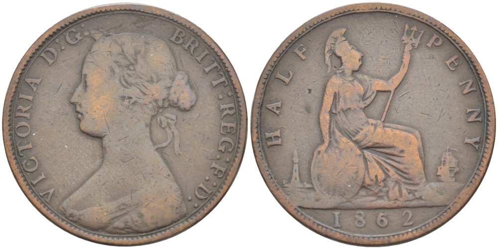 Великобритания 1/2 пенни 1862 Виктория (1837-1901) KM 748.2, Spink 3956 бронза  1518-1411