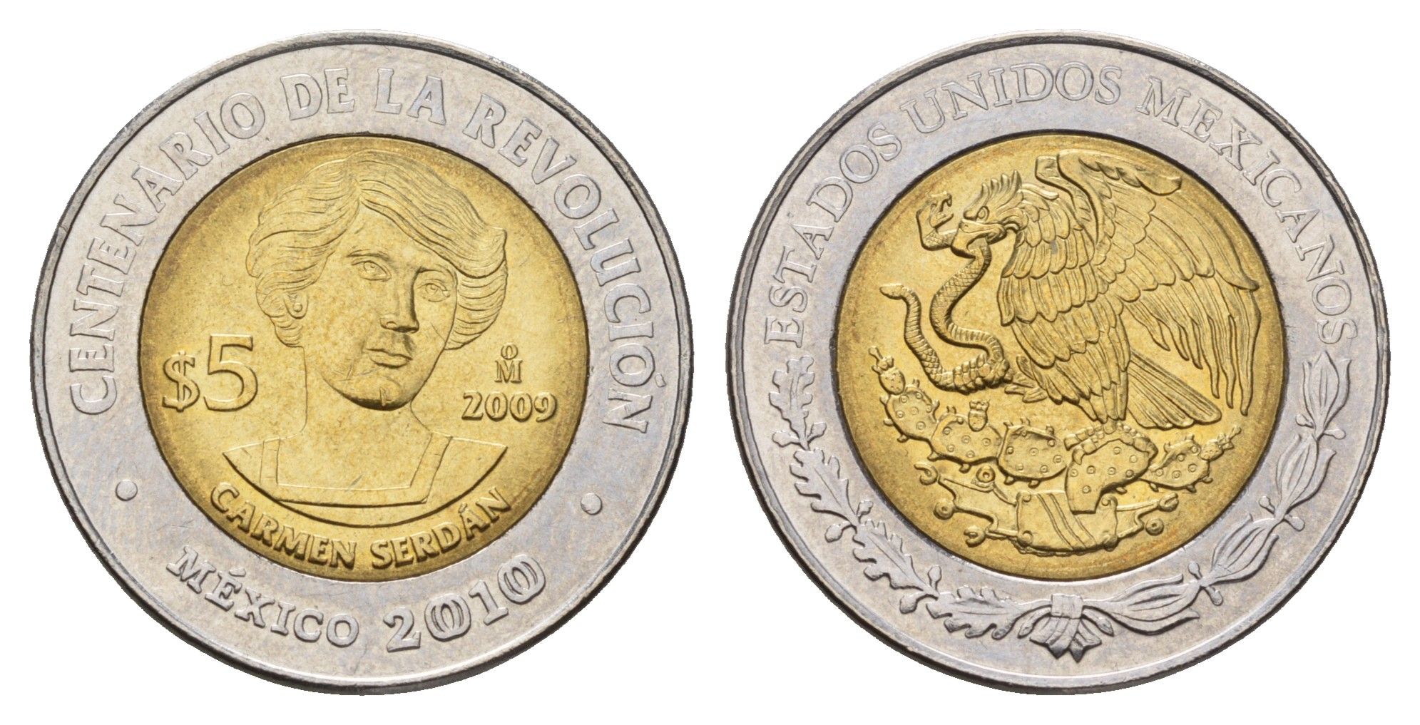 Мексика 5 песо 2009 Столетие революции - Кармен Сердан KM 909 биметалл UNC 216-1235
