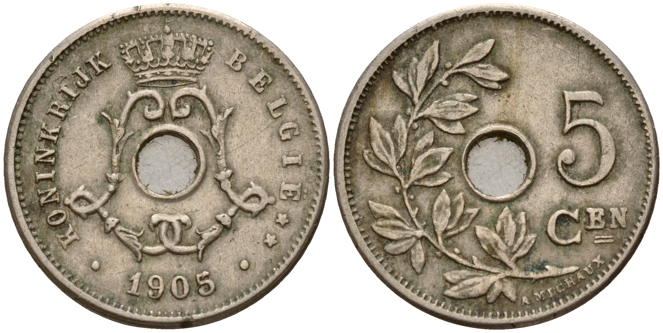 Бельгия 5 сантимов 1905 Belgen KM 55 медно-никель    4598-848