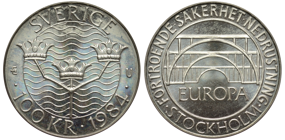 Швеция 100 крон 1984 Карл XVI Густав (1973- ), Стокгольмская конференция KM 863 серебро UNC 1530-1434