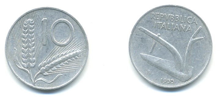 ИТАЛИЯ 10 ЛИР 1955 R, КОЛОСЬЯ, ПЛУГ KM 93 алюминий 4364-1126