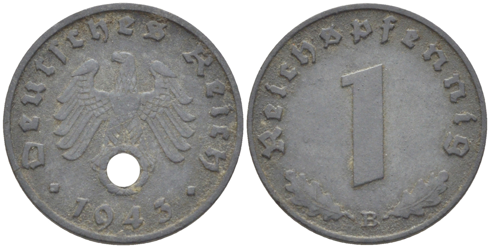 ГЕРМАНИЯ 1 РЕЙХСПФЕННИГ 1943 В KM 97, J. 369 цинк 4181-519