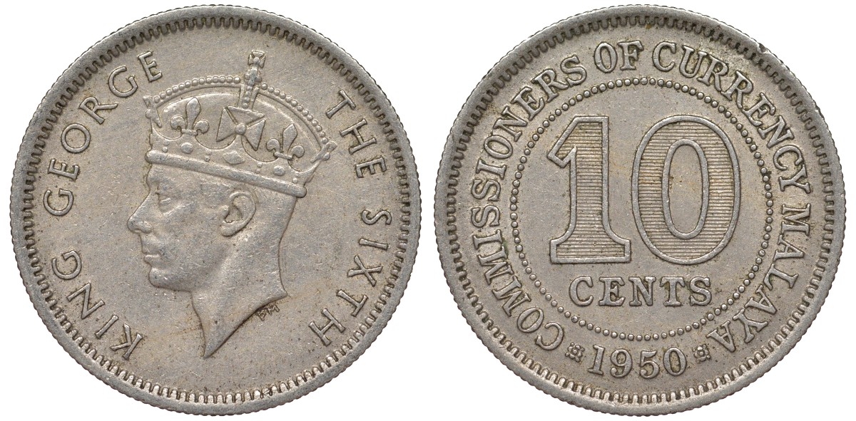 Британская Малайя 10 центов 1950 Георг VI (1937-1952) KM 8 медно-никель 4164-343