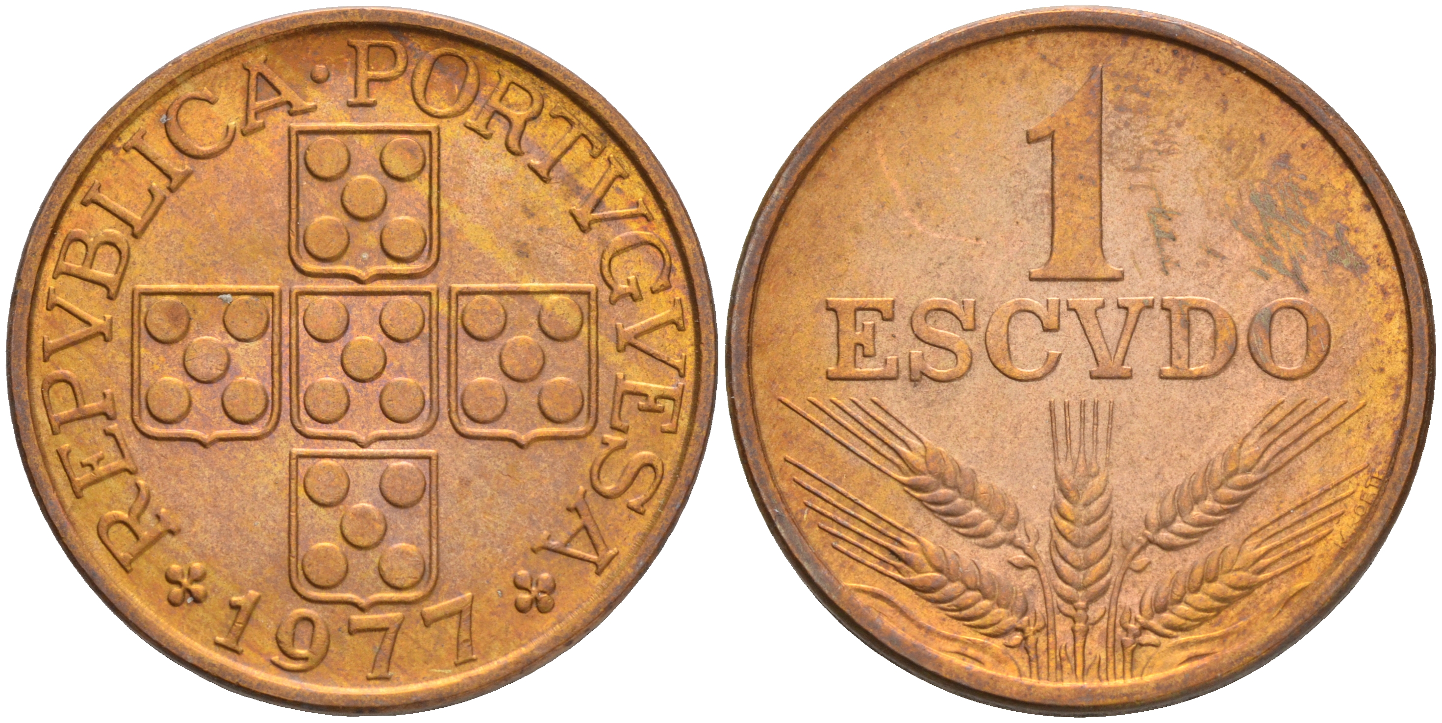 Португалия 1 эскудо 1977 KM 597 бронза 4561-644