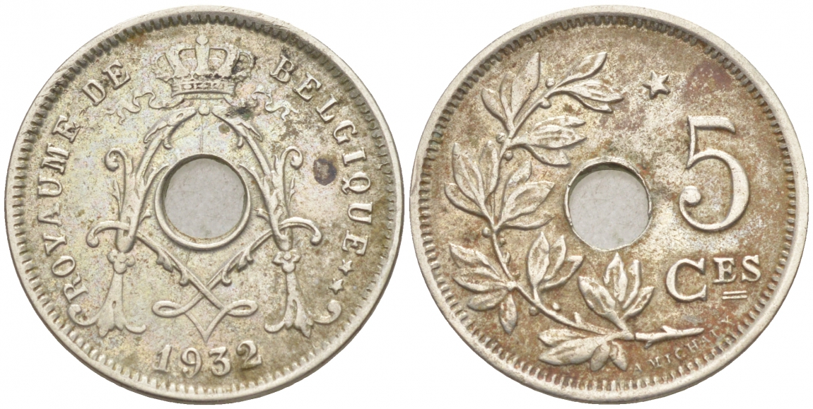 БЕЛЬГИЯ 5 САНТИМОВ 1932 BELGIQUE, ГОД ТИП KM 93 никель латунь 4549-1135