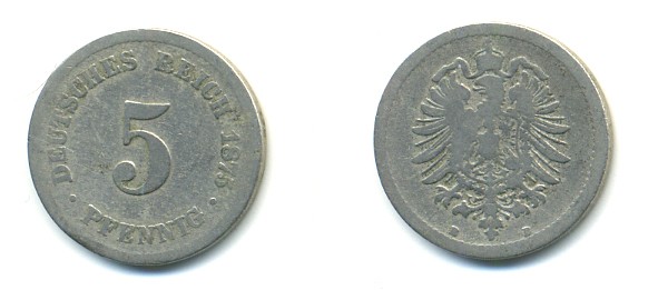 ГЕРМАНИЯ 5 ПФЕННИГОВ 1875 B, СТАРОГЕРБОВКА KM 3, J.3 медно-никель 4379-257