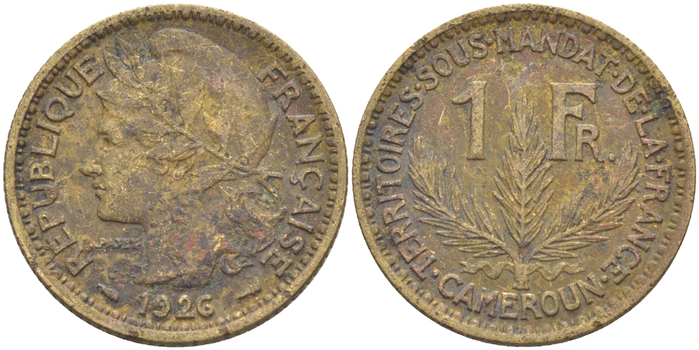 Французский Камерун 1 франк 1926 (а), монетный двор Париж KM 2 алюминиевая бронза 73-1047