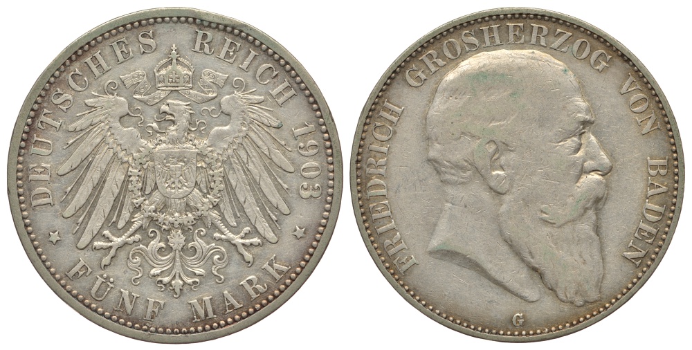 Баден 5 марок 1903 G, Фридрих I (1856-1907) Weege 31, J. 33, KM 274 серебро 413-433