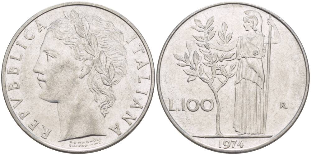 ИТАЛИЯ 100 ЛИР 1974 R, АФИНА У ОЛИВКОВОГО ДЕРЕВА KM 96.1 нержавеющая сталь 4545-711